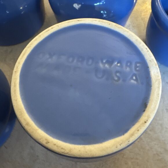 Vintage Oxford Ware Set of 4 Mini Beanpots + 1 Bowl , 3 1/4” Diameter. Blue USA - Picture 4 of 4